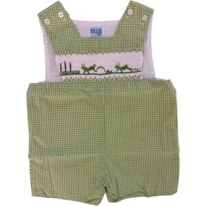 LULI & ME Sz 12m Jon-Jon Gingham Green Grasshopper Smocked Baby Romper Shortall